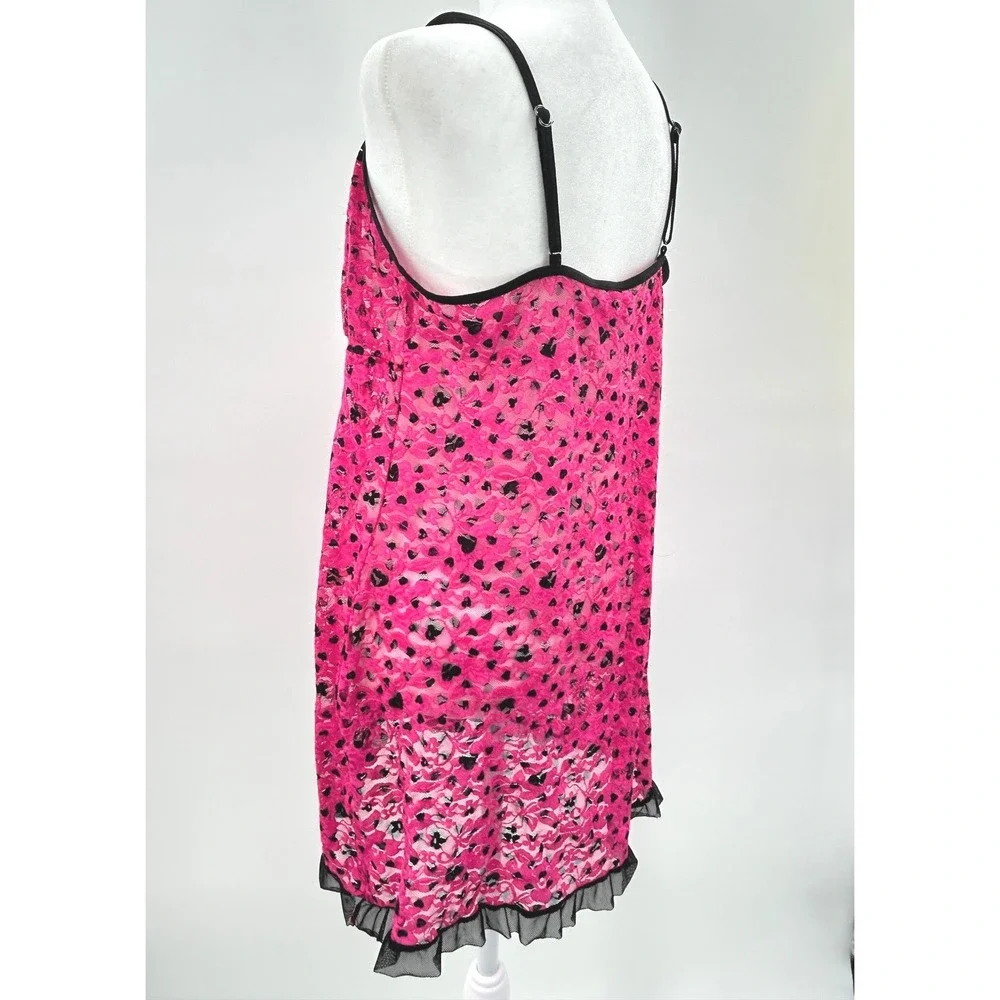 Hot Pink Heart Print Sheer Lace Layering Slip Dress Chemise Coverup Size L